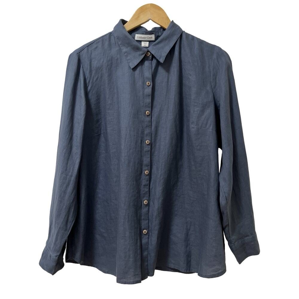 Coldwater Creek Womens 100% Linen Button Up Shirt Size LP Blue Coastal Beachy